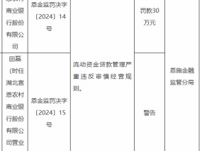 湖北宣恩农村商业银行被罚30万元：因流动资金贷款管理严重违反审慎经营规则