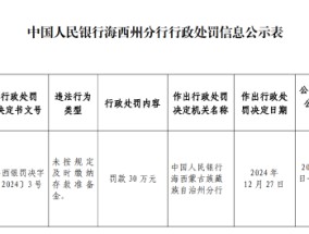 青海都兰农村商业银行被罚30万元：因未按规定及时缴纳存款准备金