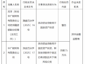 中广核财务有限责任公司被罚75万元：因流动资金贷款用于固定资产投资等