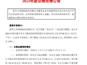 新华保险：预计2024年归母净利润同比增长175%-195%