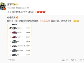 雷军：小米SU7 12月交付量超特斯拉Model 3