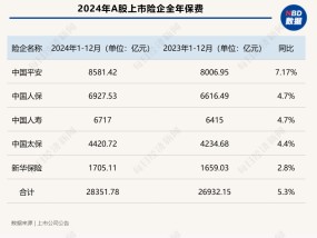 五大A股上市险企2024年保费“成绩单”出炉：合计保费2.84万亿元 同比增长5.3%